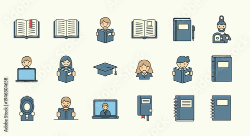 Collection of Education Icons Featuring People and Objects.