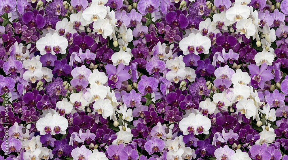 Fototapeta premium Tropical floral texture made of orchids in purple and white tones arranged tightly as a seamless pattern