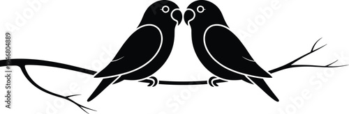Black silhouette of two lovebirds sitting on a tree branch, romantic avian couple vector illustration for wedding invitation, anniversary card and nature decor