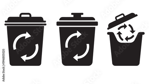 Minimal Compost Bin With Circular Arrows Symbol — Black Solid Organic Waste Recycling Icon Sheet Isolated On White