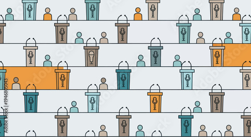 People standing at podiums in rows.