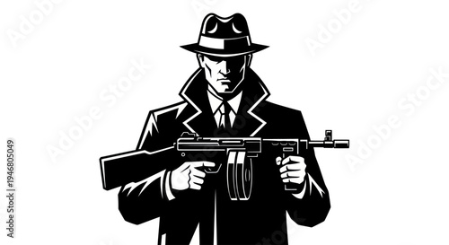 Man in Suit Holding Machine Gun.