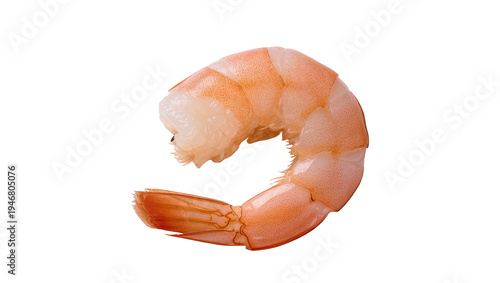 Isolated succulent pink cooked shrimp, peeled and deveined, fresh marine delicacy.