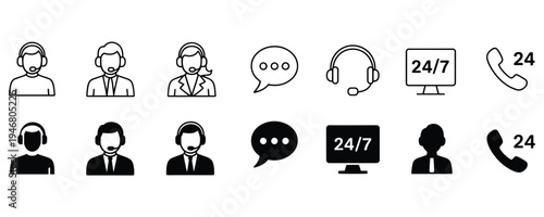 Customer service icons with people wearing headsets and 24/7 support symbols for business communication and help desk concepts