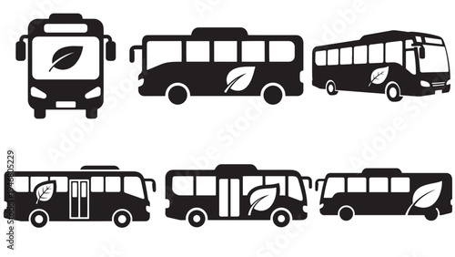 Minimal City Bus With Leaf Emblem — Black Solid Public Transport Sustainability Icon Sheet Isolated On White