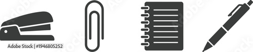 Professional Office Stationery and Supplies Icon Set Featuring Stapler Paper Clip Spiral Notebook and Ballpoint Pen Silhouettes for Business and School