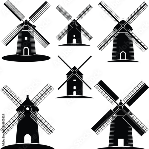 Six black and white windmill with different blade orientations des