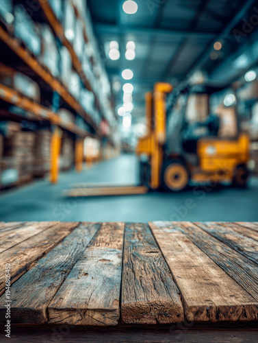 Rustic wooden surface in a large industrial warehouse with blurred yellow forklift and stacked shelves in the background under bright ceiling lights