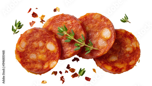 Quadro su tela Isolated spicy cured chorizo sausage slices, fresh thyme sprigs, and dried chili