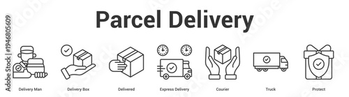Parcel Delivery web banner icon set vector illustration concept for business with icon of Delivery Man, Delivery Box, Delivered, Express Delivery, Couri.