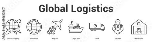 Global Logistics web banner icon set vector illustration concept for business with icon of Global Shipping, Worldwide, Airplane, Cargo Boat, Tru.