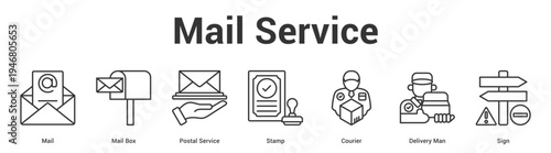 Mail Service web banner icon set vector illustration concept for business with icon of Mail, Mail Box, Postal Service, Stamp, Courier, Deliv.