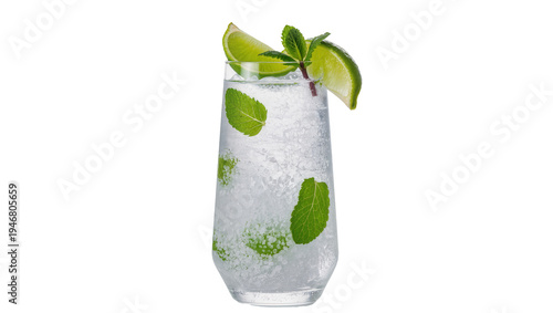 Billede på lærred Isolated refreshing cold beverage with mint, lime, and ice cubes in a tall cockt