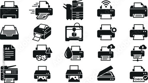Professional Printer and Scanner Icon Set Featuring Laser Printers Office Photocopiers 3D Printing Label Makers and Cloud Wireless Printing Silhouettes