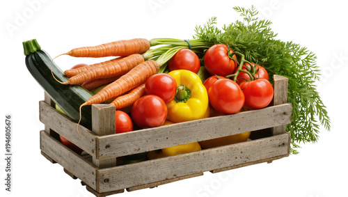 Isolated fresh vegetables in wooden crate with carrots tomatoes yellow bell pepper and zucchini