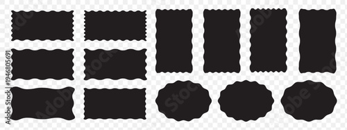 Set of colorful round and oval, rectangular and square, arch shapes with curvy edges. Cute geometric forms with scalloped borders. Empty textboxes, stickers, tags or labels. Vector flat illustration.