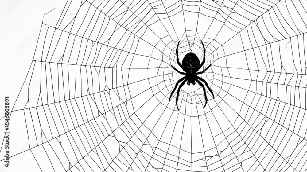 Obraz premium Black spider silhouette in the center of a spider web isolated on white
