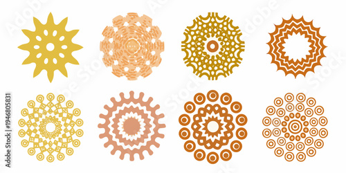 Eight circular patterned designs in shades of orange and yellow