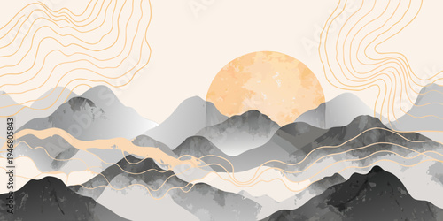Abstract landscape with mountains sun and flowing golden lines