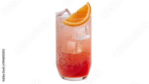 Bild auf Leinwand Isolated refreshing pink sparkling drink with ice cubes and orange slice garnish