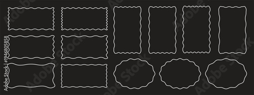 Set of colorful round and oval, rectangular and square, arch shapes with curvy edges. Cute geometric forms with scalloped borders. Empty textboxes, stickers, tags or labels. Vector flat illustration.