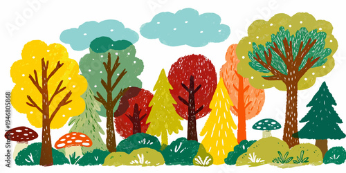 A colorful whimsical illustration of trees mushrooms and a cloudy sky