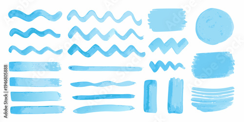 Watercolor brush strokes and shapes in varying shades of blue
