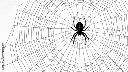 Black spider silhouette in the center of a spider web isolated on white