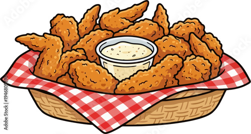 Crispy Fried Chicken Tenders in Wicker Basket with Red Checkered Napkin and Creamy Dipping Sauce