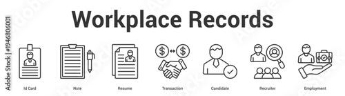 Workplace Records web banner icon set vector illustration concept for business with icon of Id Card, Note, Resume, Transaction, Candida.