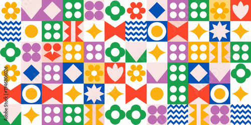 Colorful geometric pattern with repeating floral and diamond shapes