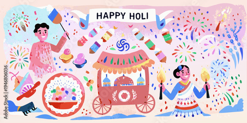 A colorful illustration depicting the vibrant celebration of the holi festival
