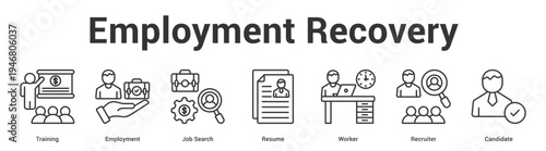 Employment Recovery web banner icon set vector illustration concept for business with icon of Training, Employment, Job Search, Resume, Work.