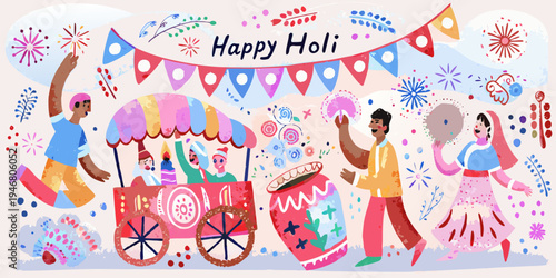 Celebratory illustration of happy holi festival with people and colorful elements