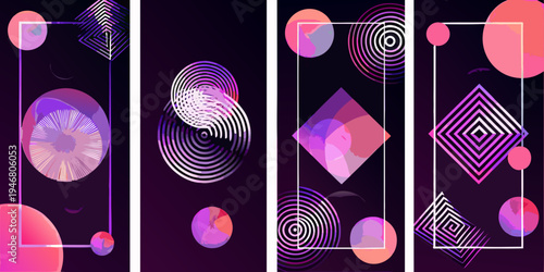 Abstract geometric patterns in vibrant purple pink and white hues