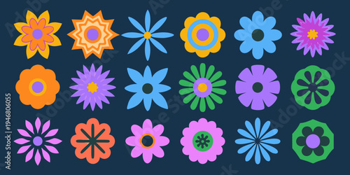 A colorful collection of stylized retro flowers on a dark blue background