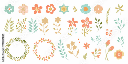 Colorful floral illustrations and botanical elements arranged on a white background