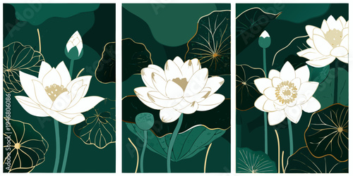 Elegant triptych featuring white lotus flowers against a dark teal background