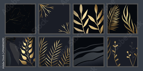 Eight panels featuring abstract golden foliage against dark backgrounds