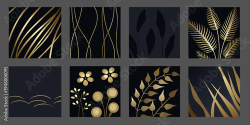 Abstract botanical patterns in gold and black arranged in a grid