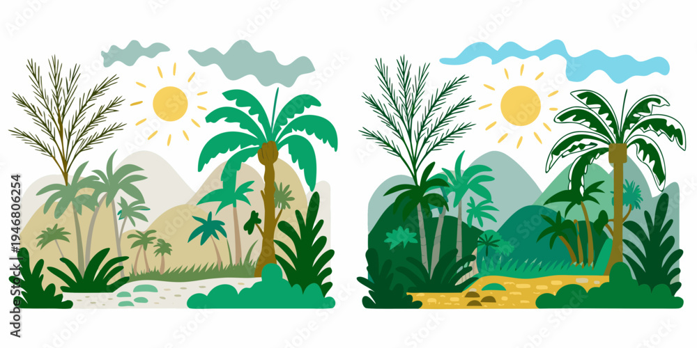 Obraz premium Stylized tropical landscapes with palm trees mountains and a sunny sky