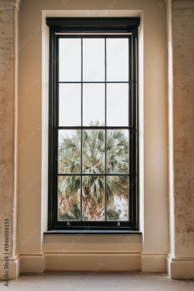 Fototapeta premium A contemporary room features a large window showcasing a beautiful palm tree swaying gently outside, illuminated by bright daylight