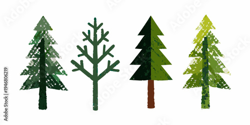 Four stylized evergreen trees in varying shades of green are shown