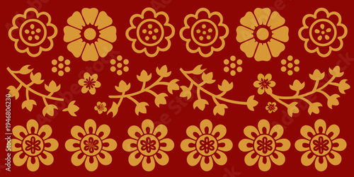 Golden floral pattern on a deep red background a repeating design