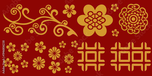 Golden chinese floral and geometric patterns on a red background