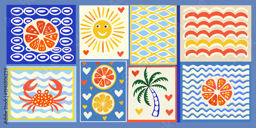 Colorful patterned squares depicting fruits marine life and summer themes