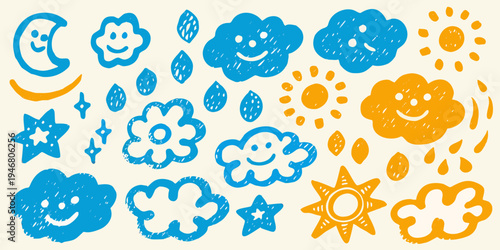 Colorful childlike drawings of celestial bodies clouds and a smiling sun