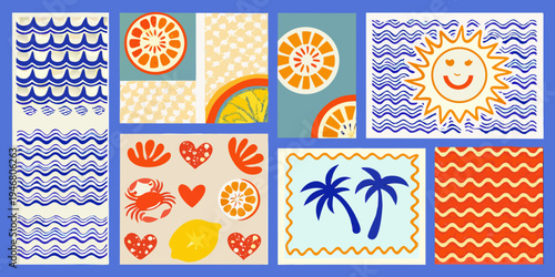 A vibrant collage of summer motifs waves citrus hearts and palms