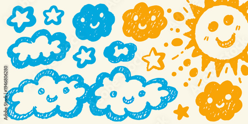 Colorful childlike drawing of clouds sun and stars with smiling faces