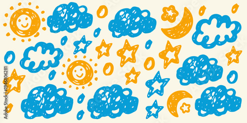 Child s drawing featuring sun moon stars and clouds in bright colors